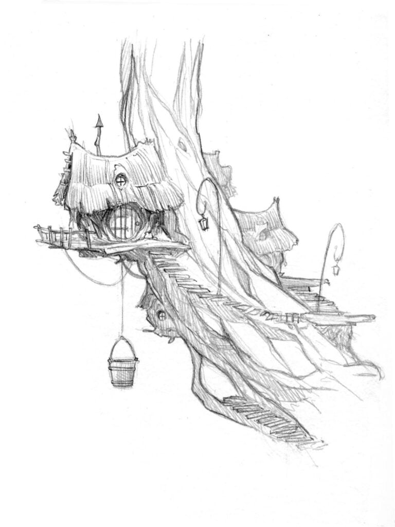 Fantasy treehouse pencil sketch: whimsical thatched-roof dwelling in a huge tree with wooden stairs, balcony and hanging bucket.