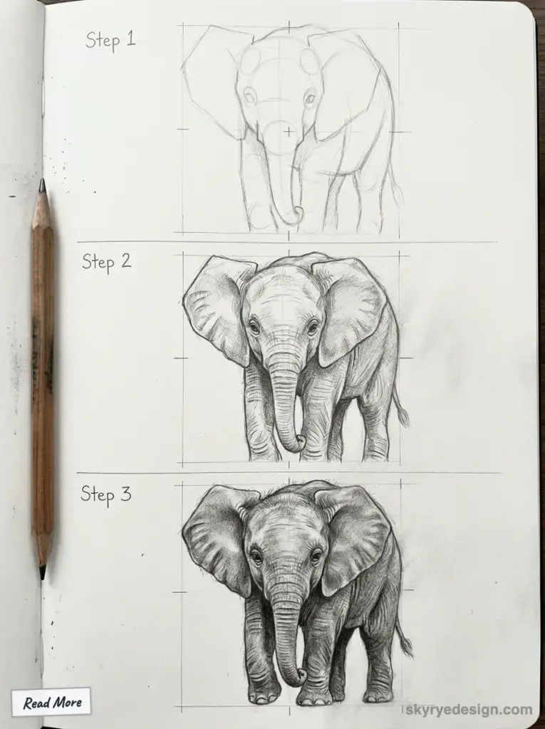 Three-step pencil drawing tutorial of a baby elephant, showing progression from basic shapes to fully shaded realistic sketch.