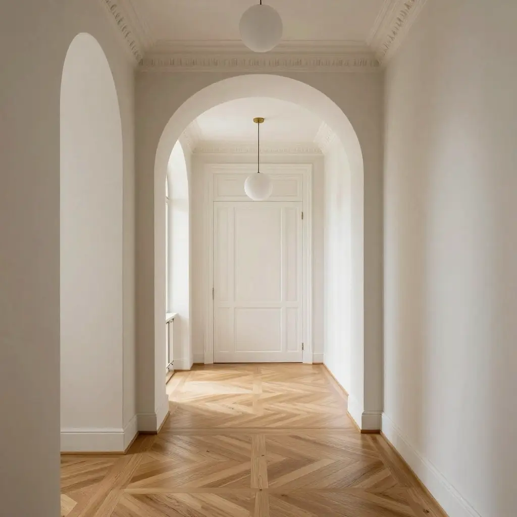 a0338e0bc24b40faab93b24d9a44dccb Bright minimalist hallway interior with arched openings, globe pendant lights and geometric herringbone parquet wood floor. | Sky Rye Design Bright minimalist hallway interior with arched openings, globe pendant lights and geometric herringbone parquet wood floor.