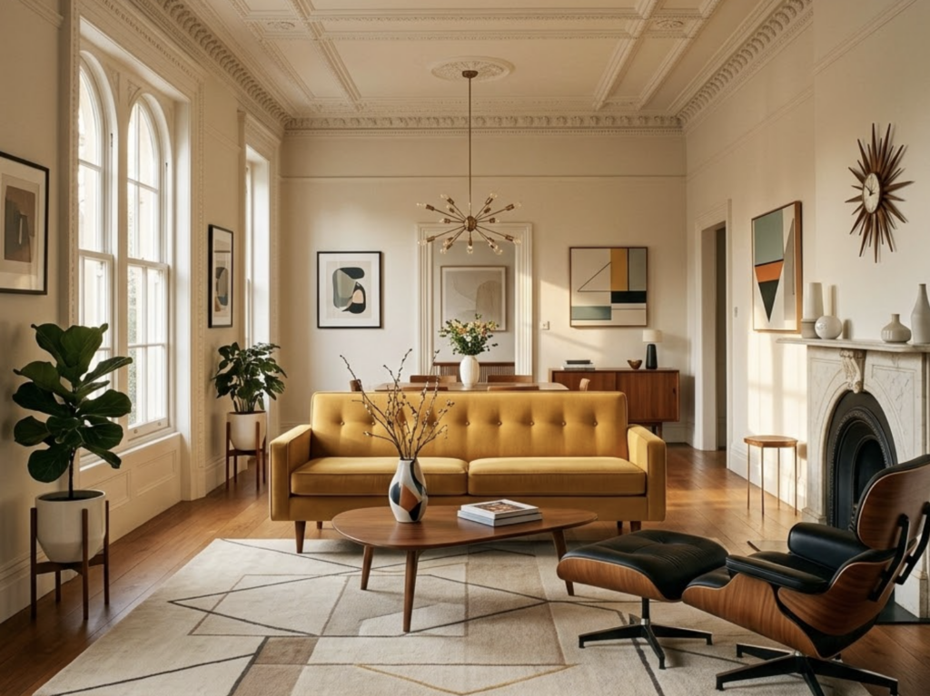 Screenshot 2026-02-27 at 165924 Mid-century modern living room with mustard sofa, Eames lounge chair, wooden floors, large arched windows and decorative rug. | Sky Rye Design Mid-century modern living room with mustard sofa, Eames lounge chair, wooden floors, large arched windows and decorative rug.