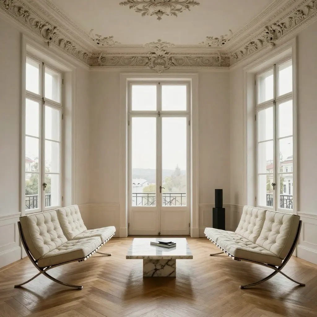 d8517d0ddd1745e4848ac59735eb4791 Sunlit minimalist living room with two tufted lounge chairs, marble coffee table, ornate plaster ceiling. | Sky Rye Design Sunlit minimalist living room with two tufted lounge chairs, marble coffee table, ornate plaster ceiling.