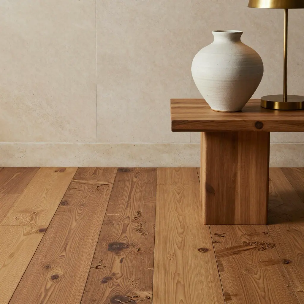 2c1eaf1c7dea48f8aba7fd61cc8639f0 Oak wide-plank hardwood flooring with wooden bench, white ceramic vase and brass lamp against beige wall | Sky Rye Design Oak wide-plank hardwood flooring with wooden bench, white ceramic vase and brass lamp against beige wall