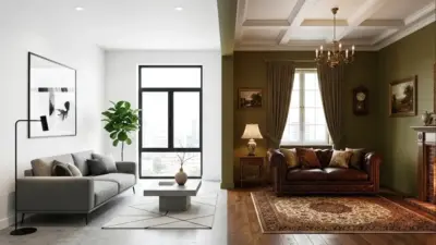 Split modern vs traditional living room: gray sofa left, leather Chesterfield, chandelier and fireplace right