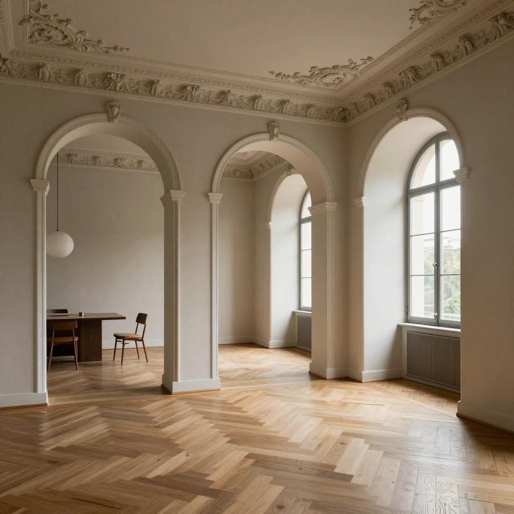 9715b581-e958-44e7-9079-02a0023bd7b1 Minimalist interior with arched doorways, ornate cornice ceiling, large arched windows and herringbone floor | Sky Rye Design Minimalist interior with arched doorways, ornate cornice ceiling, large arched windows and herringbone floor