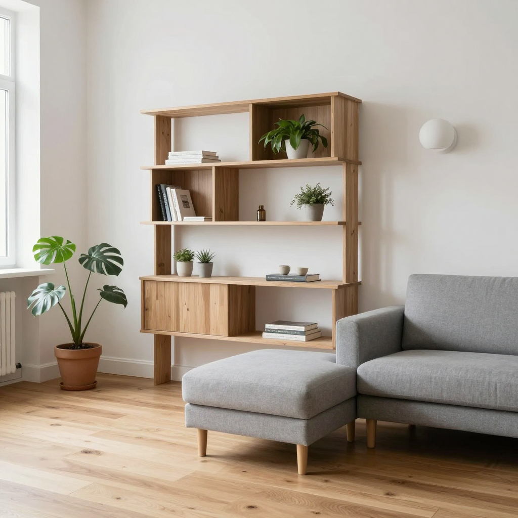 749ee1fe-4c9b-4762-bf5a-1fa42e8fa5df Scandinavian living room with gray sofa, wooden shelving, hardwood floor and potted indoor plants | Sky Rye Design Scandinavian living room with gray sofa, wooden shelving, hardwood floor and potted indoor plants