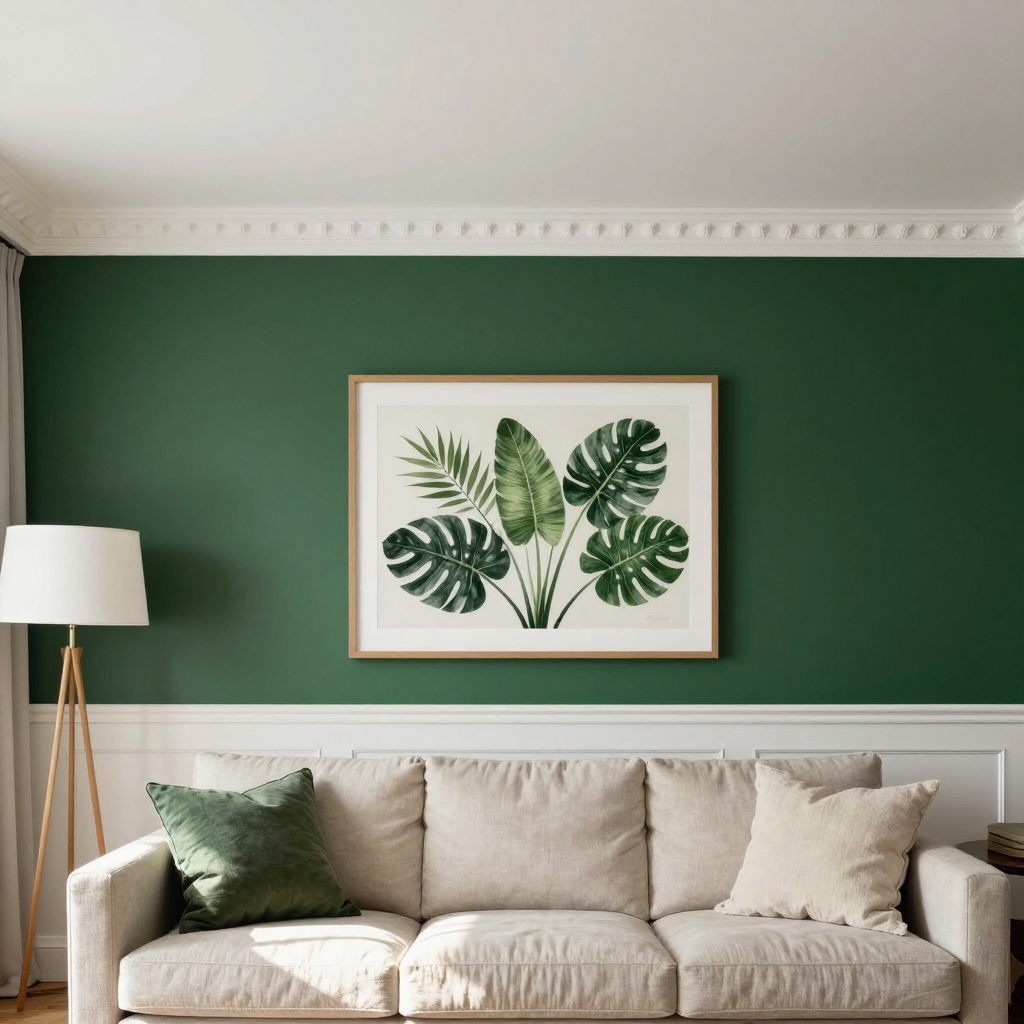 db2f1358-8d28-452a-9d0f-377f29a2ed9e Living room with green feature wall and framed botanical print above beige sofa, green pillow and wooden tripod lamp | Sky Rye Design Living room with green feature wall and framed botanical print above beige sofa, green pillow and wooden tripod lamp