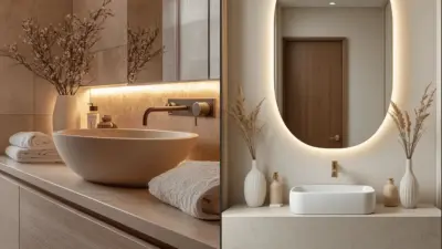 Modern spa-like minimalist bathroom vanity with round vessel sink, wall-mounted faucet, backlit oval mirror and neutral tones