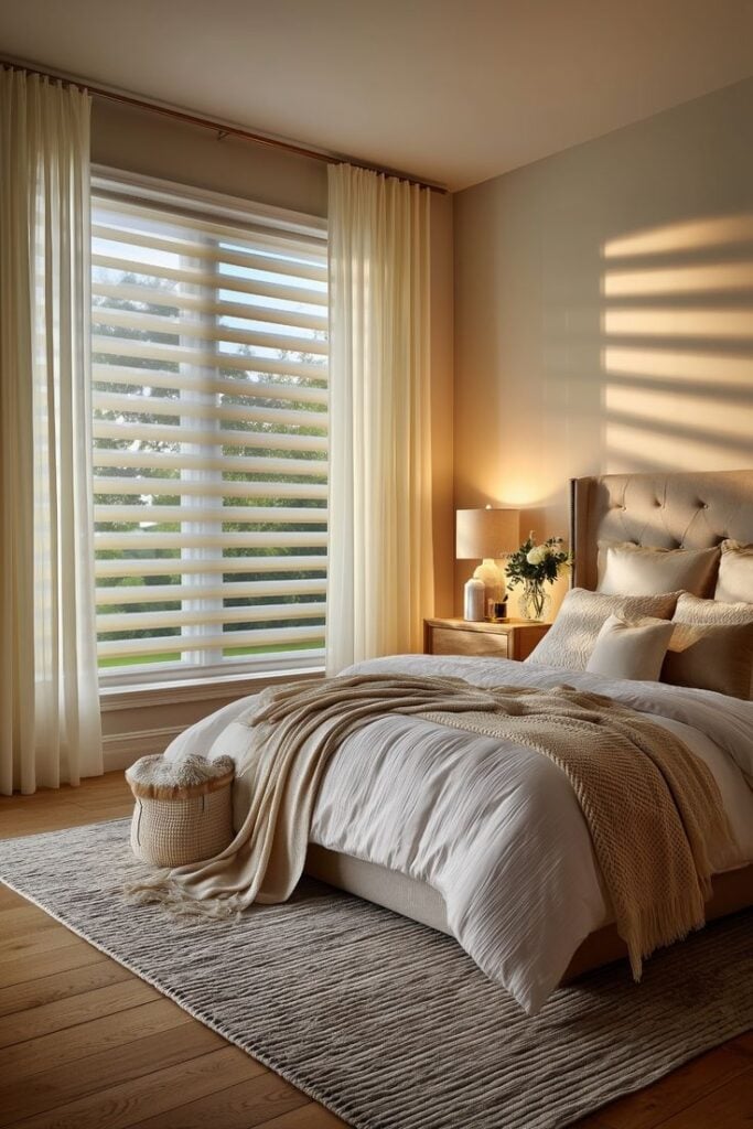 e0ea7c635cde8efce2653d9b1e12f6e1 Cozy neutral bedroom with tufted bed, layered white and beige bedding, wooden nightstand, soft natural light through sheer zebra blinds. | Sky Rye Design Cozy neutral bedroom with tufted bed, layered white and beige bedding, wooden nightstand, soft natural light through sheer zebra blinds.