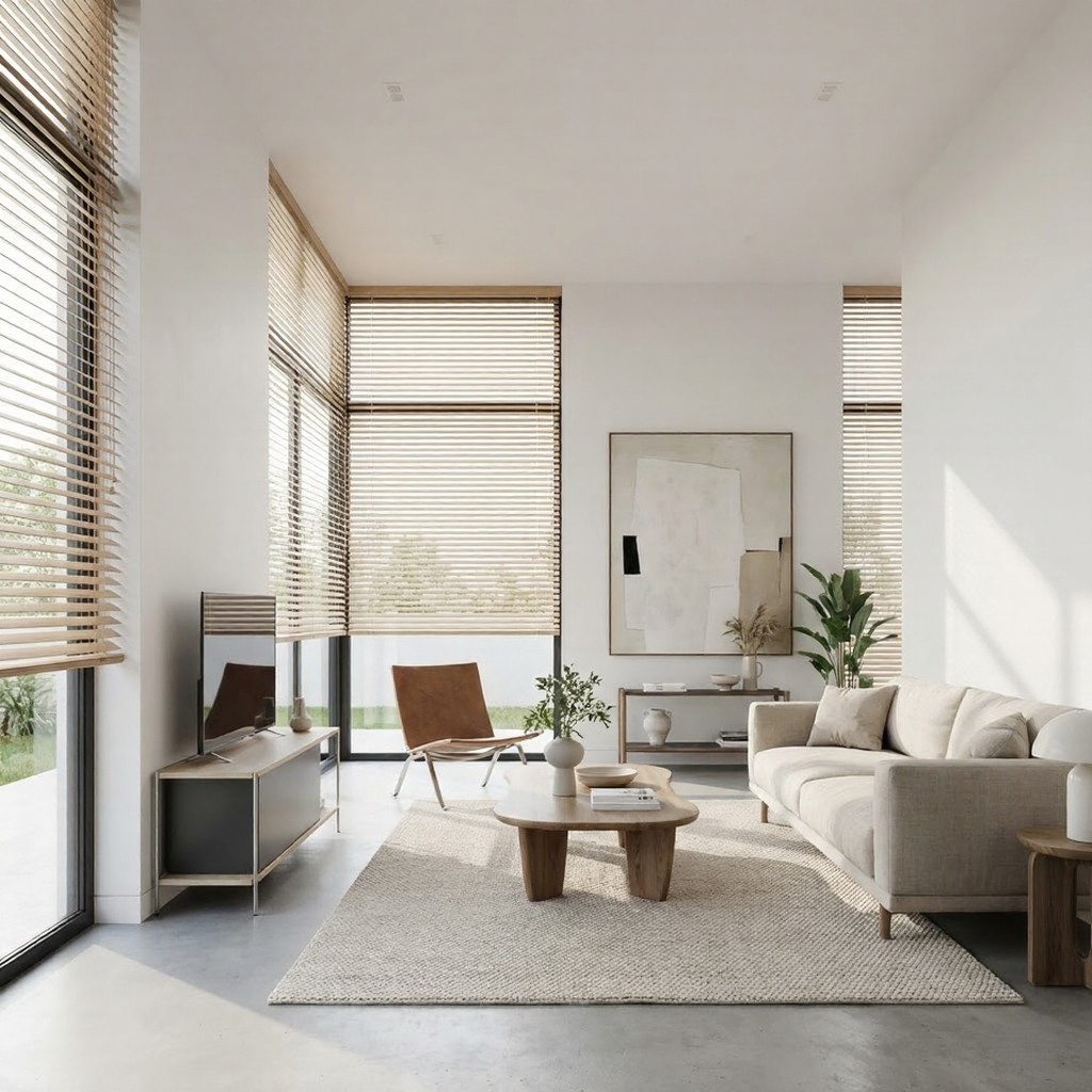 unnamed - 2026-02-19T121045866 Modern minimalist living room with beige sofa, wooden coffee table, neutral rug, large floor-to-ceiling windows with wooden blinds. | Sky Rye Design Modern minimalist living room with beige sofa, wooden coffee table, neutral rug, large floor-to-ceiling windows with wooden blinds.