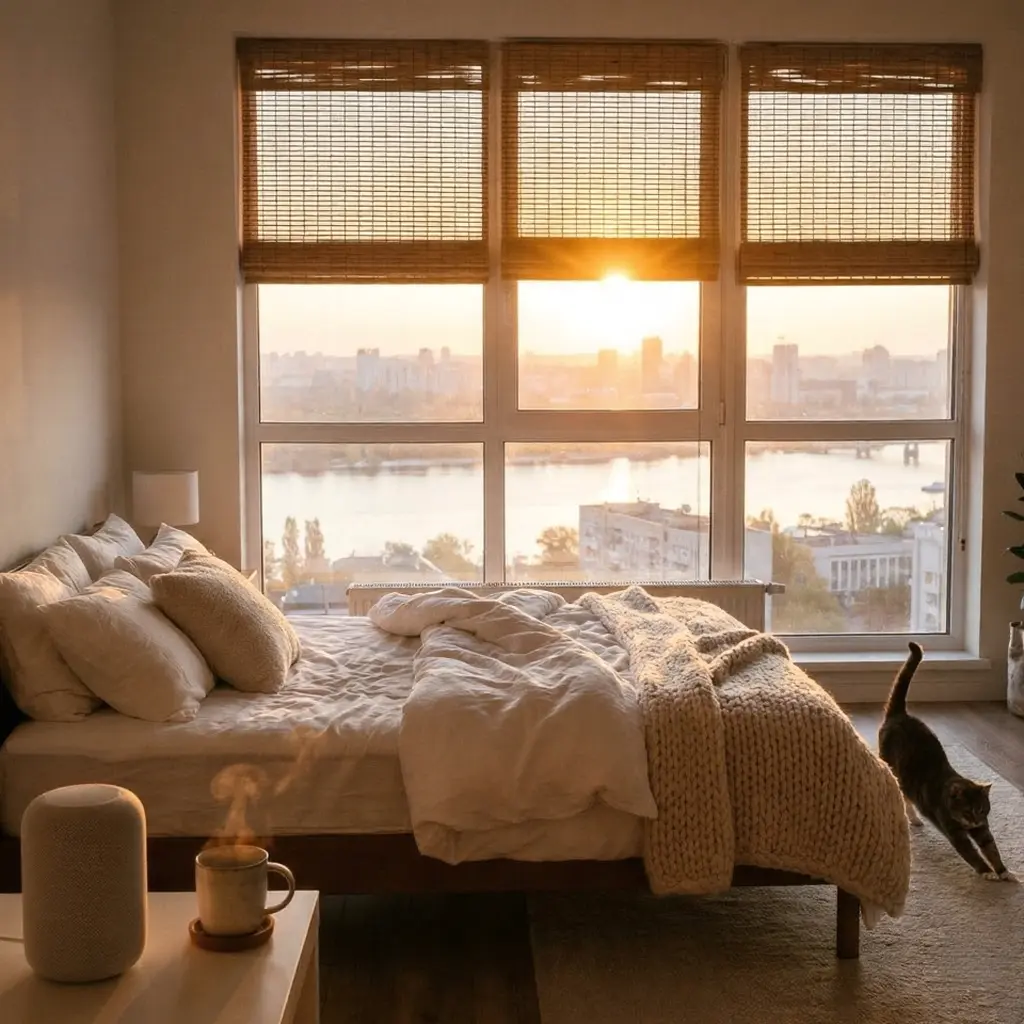 unnamed - 2026-02-19T122539888 Cozy minimalist bedroom at sunrise with large windows overlooking city river, steaming mug, knit blanket on bed and a stretching cat. | Sky Rye Design Cozy minimalist bedroom at sunrise with large windows overlooking city river, steaming mug, knit blanket on bed and a stretching cat.