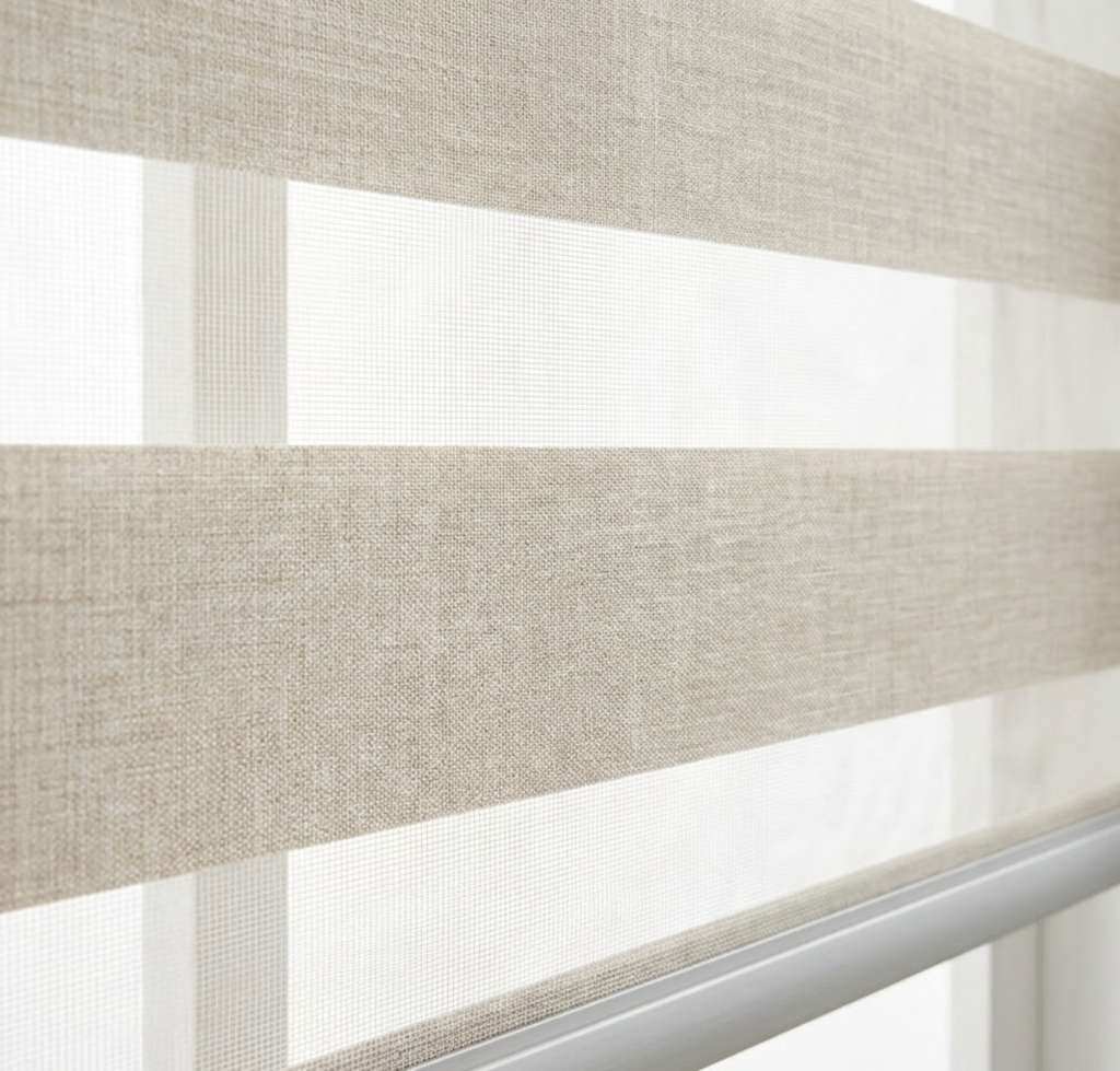 Screenshot 2026-02-19 at 123252 Neutral beige zebra roller blind with alternating sheer and opaque horizontal bands — modern dual-layer window shade for privacy and light control. | Sky Rye Design Neutral beige zebra roller blind with alternating sheer and opaque horizontal bands — modern dual-layer window shade for privacy and light control.