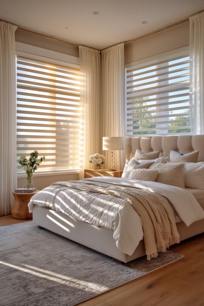 65fe8ec771739a5ead0ca83e3043355e Sunlit cozy modern master bedroom interior with tufted bed, layered neutral bedding, sheer striped blinds, and warm wooden floors | Sky Rye Design Sunlit cozy modern master bedroom interior with tufted bed, layered neutral bedding, sheer striped blinds, and warm wooden floors Types of Blinds