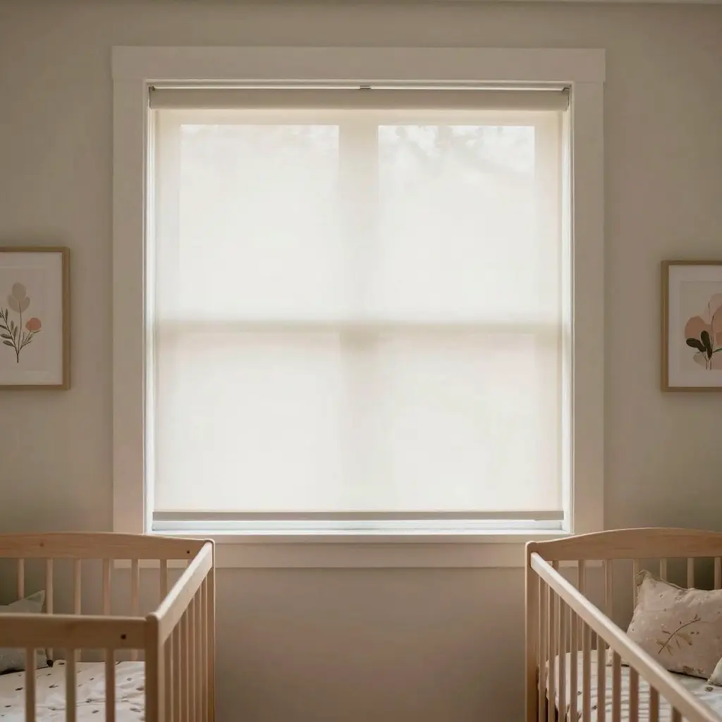 105a85902c1740519f7a452ba9f89da6 Neutral nursery with twin wooden cribs and a sheer roller shade over a sunlit window, minimalist decor. | Sky Rye Design Neutral nursery with twin wooden cribs and a sheer roller shade over a sunlit window, minimalist decor.