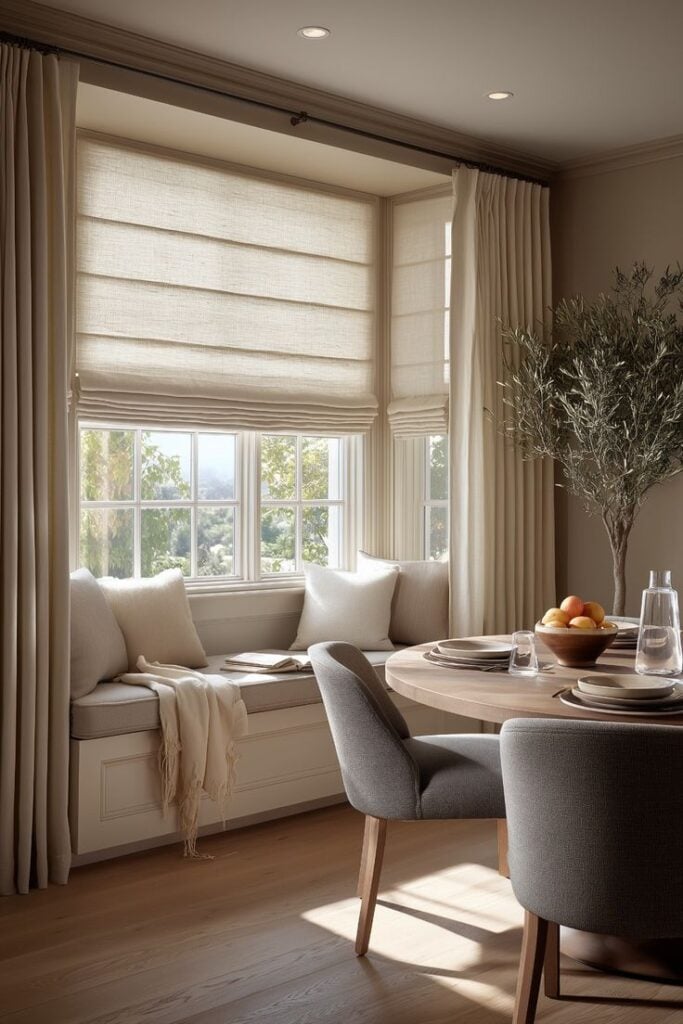 5340e2d7f98f68f6e66d3ef9561908e8 Sunlit bay window dining nook with cushioned bench, Roman shades, round wooden table and gray upholstered chairs | Sky Rye Design Sunlit bay window dining nook with cushioned bench, Roman shades, round wooden table and gray upholstered chairs