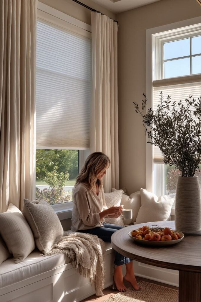 91aed9ea8d163d5519828331624742e4 Cozy breakfast nook: woman sipping coffee on neutral window seat with pillows and throw, soft morning light and bowl of apples on wood table | Sky Rye Design Cozy breakfast nook: woman sipping coffee on neutral window seat with pillows and throw, soft morning light and bowl of apples on wood table