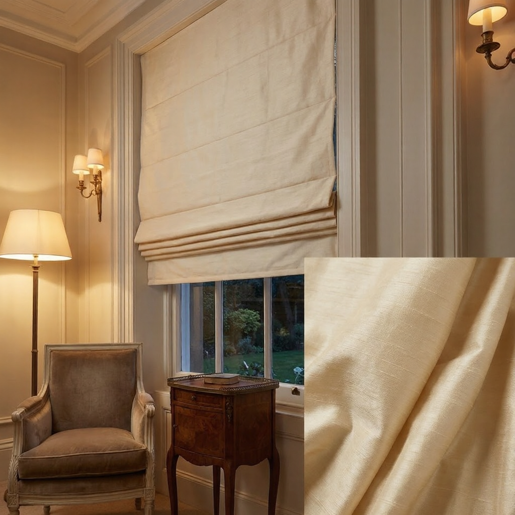 unnamed - 2026-02-19T124106537 Beige Roman shades and linen fabric close-up in classic living room with velvet armchair, wooden side table, floor lamp and wall sconces | Sky Rye Design Beige Roman shades and linen fabric close-up in classic living room with velvet armchair, wooden side table, floor lamp and wall sconces