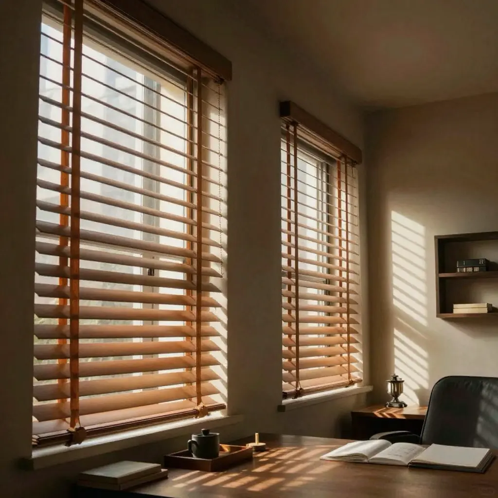 a45a317954c1441c98007bf160462dcc Cozy home office with wooden window blinds filtering sunlight onto a desk with an open book, coffee cup and minimalist workspace decor | Sky Rye Design Cozy home office with wooden window blinds filtering sunlight onto a desk with an open book, coffee cup and minimalist workspace decor