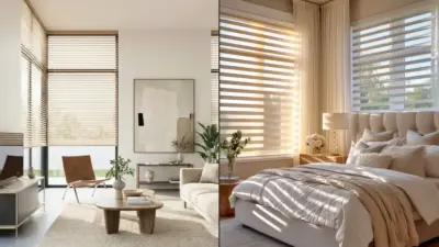 Split: modern living room and bedroom with beige zebra/dual-layer blinds, neutral decor and sunlight streaming through layered window shades.