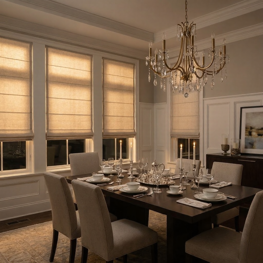 unnamed - 2026-02-19T130135635 Formal dining room with candlelit dark wood table, beige upholstered chairs, crystal chandelier and Roman shades. | Sky Rye Design Formal dining room with candlelit dark wood table, beige upholstered chairs, crystal chandelier and Roman shades.