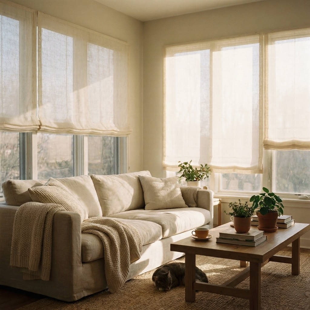 unnamed - 2026-02-19T130811840 Cozy sunlit living room with beige sofa, knit throw and pillows, sheer curtains, wooden coffee table with potted plants and sleeping cat. | Sky Rye Design Cozy sunlit living room with beige sofa, knit throw and pillows, sheer curtains, wooden coffee table with potted plants and sleeping cat.