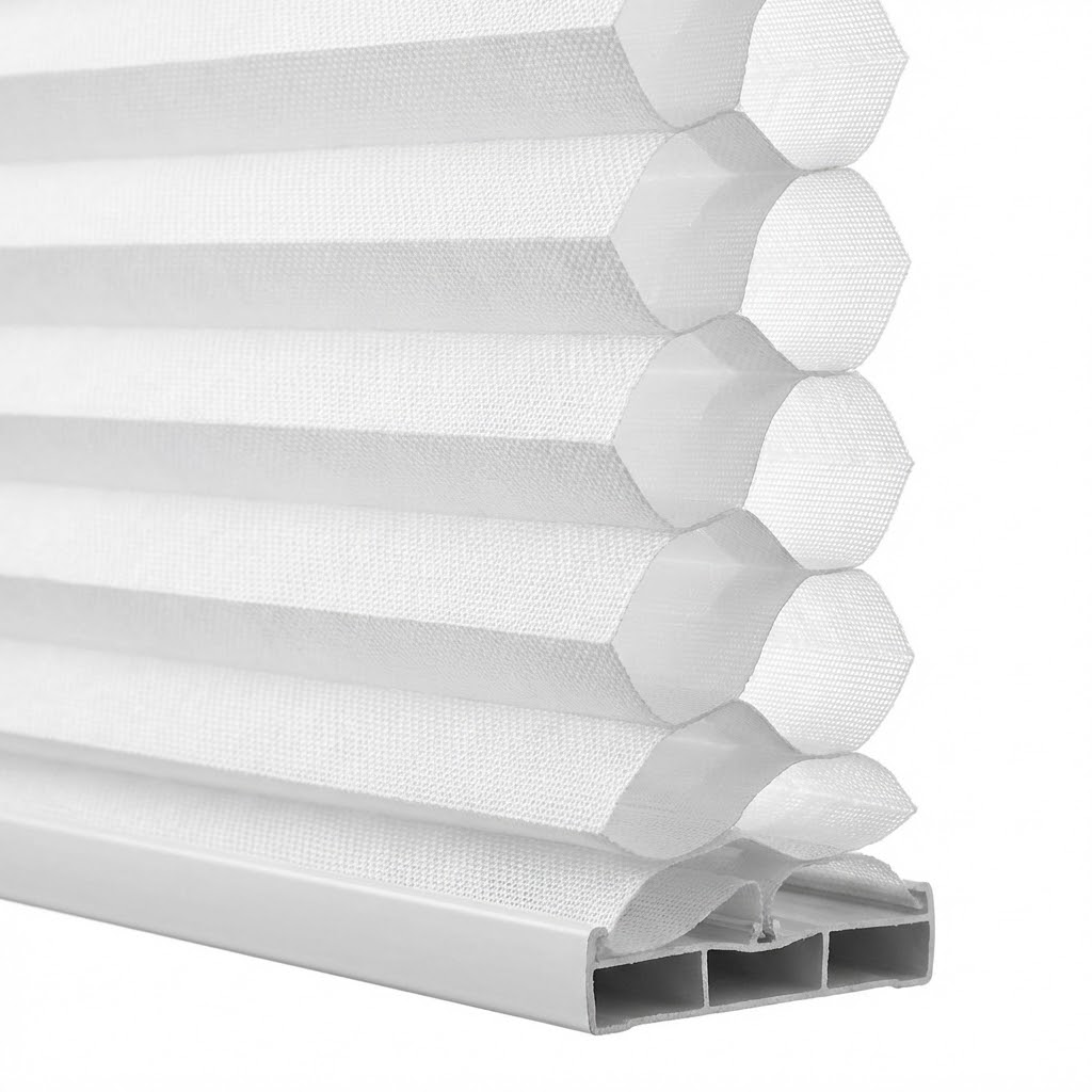 unnamed - 2026-02-19T123756519 White honeycomb cellular window shade close-up showing pleated, energy-saving blind fabric and white bottom rail | Sky Rye Design White honeycomb cellular window shade close-up showing pleated, energy-saving blind fabric and white bottom rail