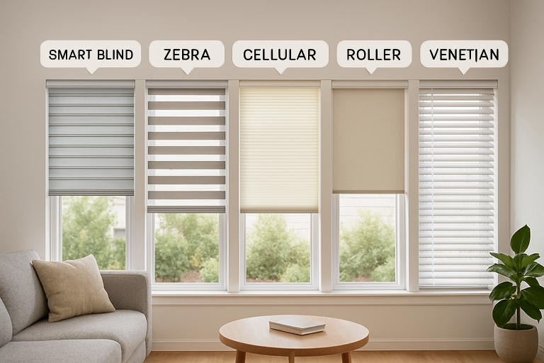 image Living room with neutral decor showcasing five window blind styles: smart, zebra, cellular, roller, and Venetian shades. | Sky Rye Design Living room with neutral decor showcasing five window blind styles: smart, zebra, cellular, roller, and Venetian shades.