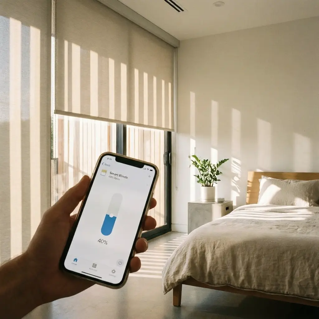 unnamed - 2026-02-19T121648547 Smart blinds app (40%) on phone controlling roller shades in sunlit minimalist bedroom, smart home window shade automation. | Sky Rye Design Smart blinds app (40%) on phone controlling roller shades in sunlit minimalist bedroom, smart home window shade automation.
