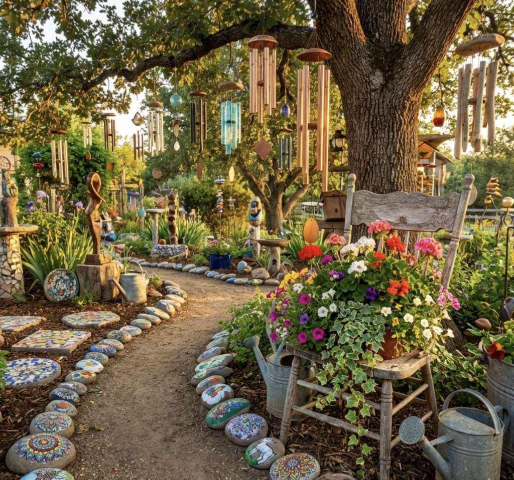 Colorful garden decor: path with painted stepping stones, hanging wind chimes, rustic chair and potted blooms.