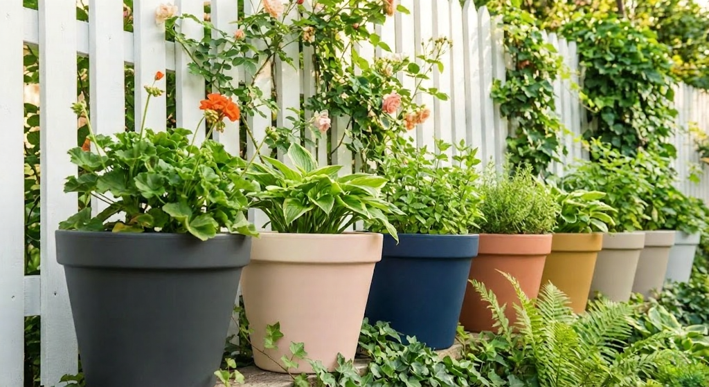 Colorful outdoor container garden with multicolored pots of herbs and flowering plants lined along a white picket fence.