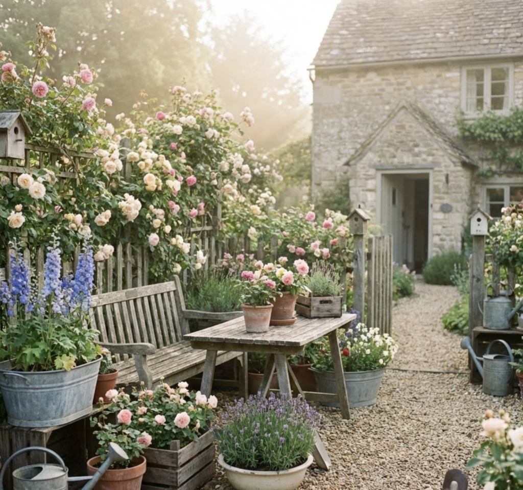 English cottage garden with blooming roses, potted lavender, rustic wooden bench and table beside gravel path to stone cottage