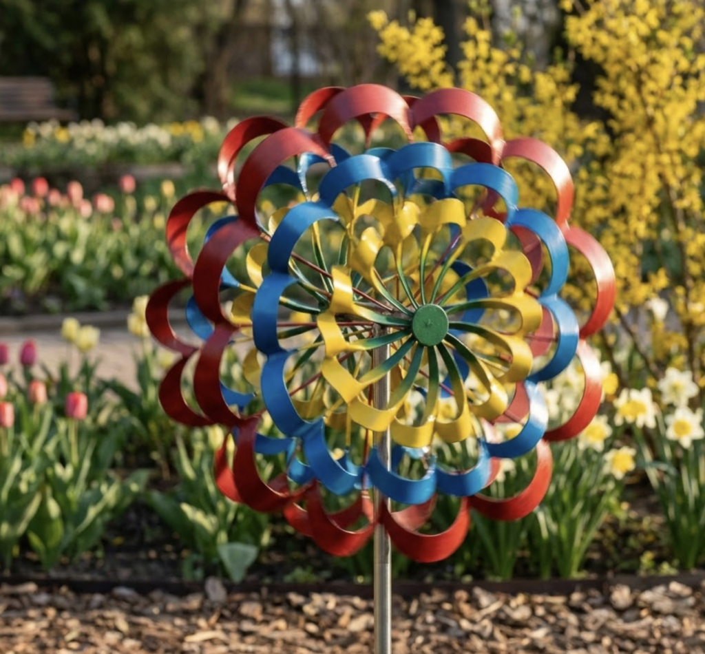 Colorful garden wind spinner in red, blue and yellow among spring tulips and daffodils in a sunny flower bed