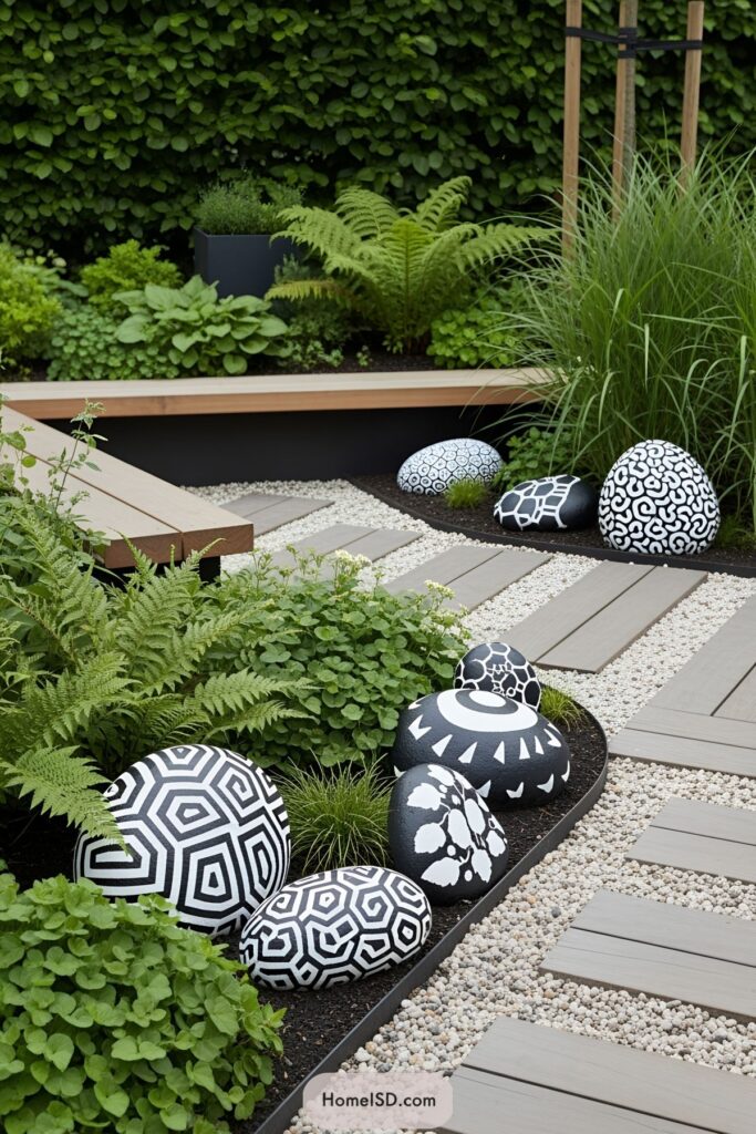 Modern backyard garden with black-and-white painted rocks as decor, ferns, green groundcover and a gray wood plank stepping-stone path Unique Decor Ideas