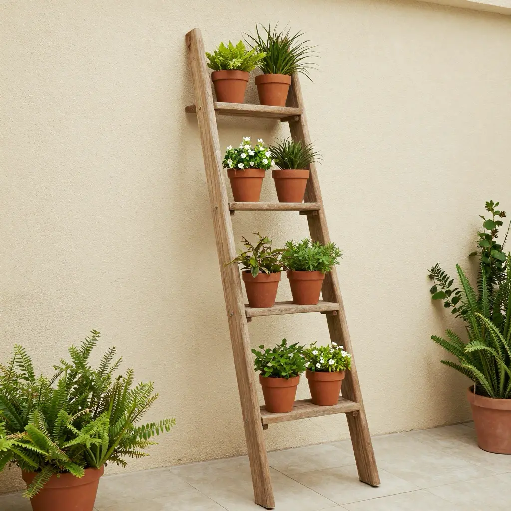 Wooden ladder plant stand leaning against beige wall with terracotta pots of green plants and white flowers, vertical garden decor
