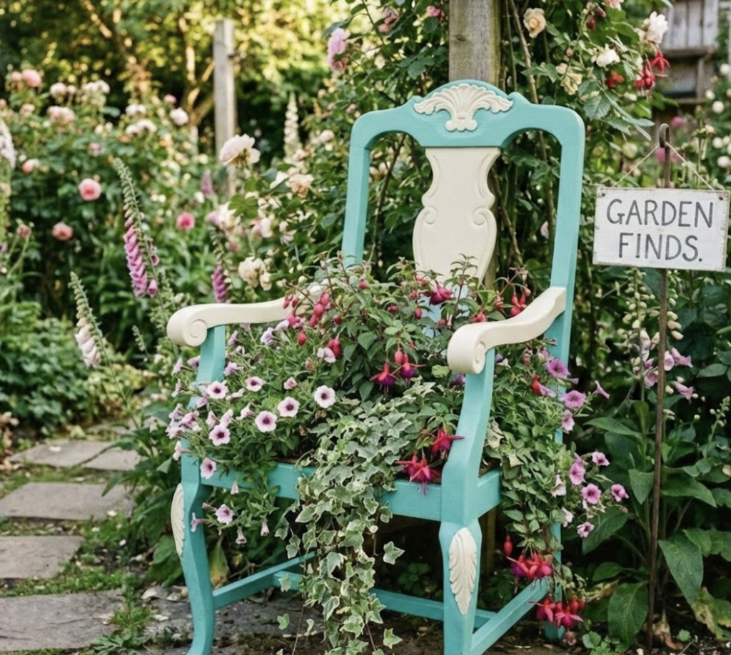 Turquoise vintage chair repurposed as planter overflowing with pink petunias, fuchsia & trailing ivy in a cottage garden by 'Garden Finds' sign.