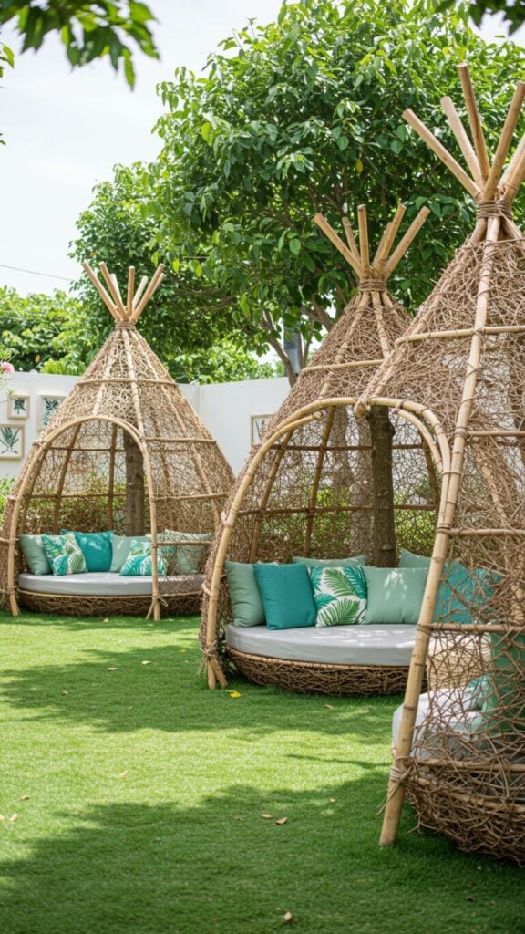 Woven rattan outdoor lounge pods with teal tropical cushions on green lawn under trees — stylish backyard/resort seating for garden or patio