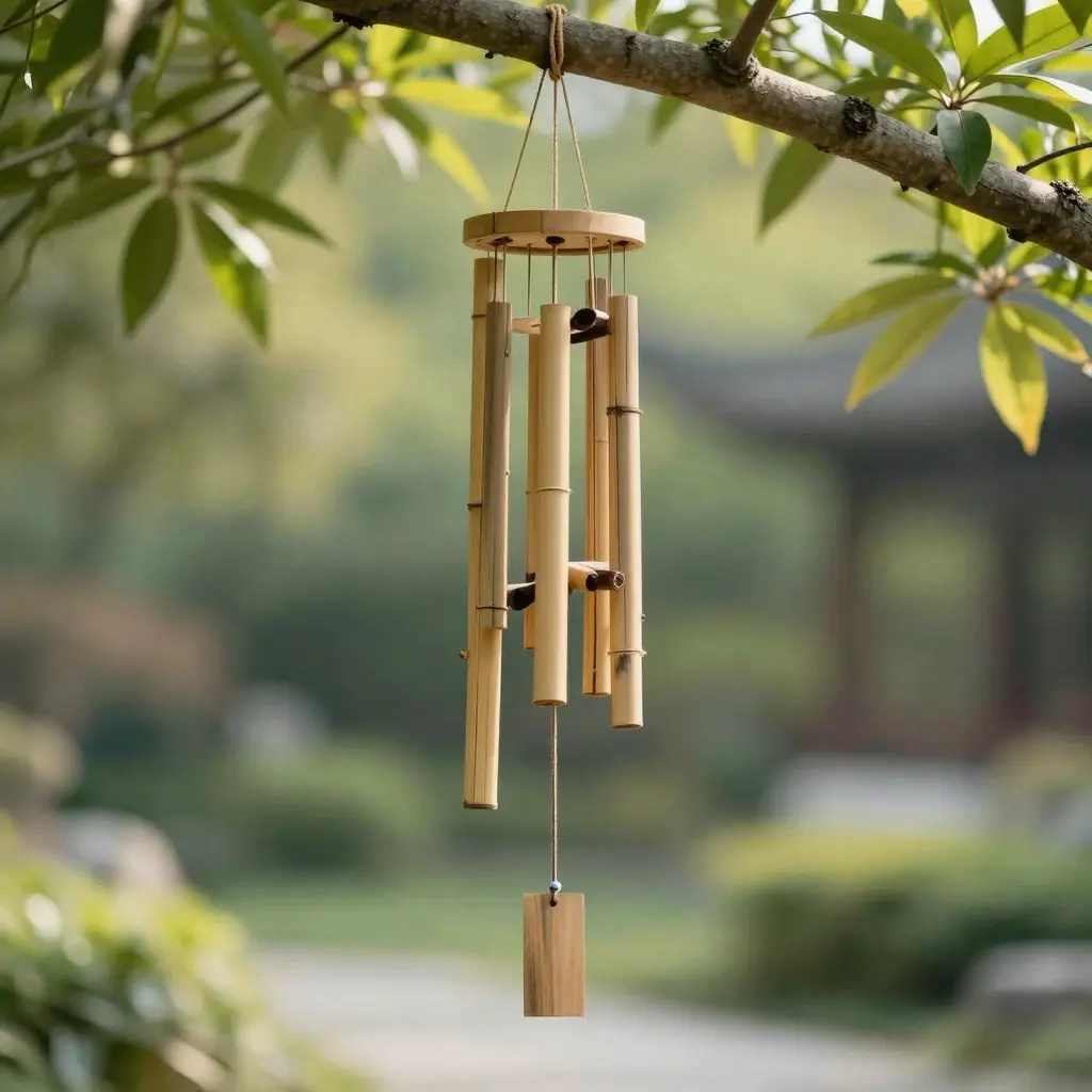 Bamboo wind chime hanging from a tree branch in a serene garden, outdoor zen decor with natural wooden chimes.