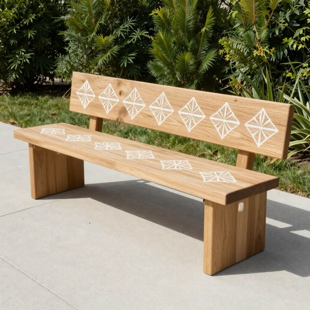 Oak outdoor bench on concrete patio with white geometric inlay patterns on seat and backrest, set against lush garden greenery.