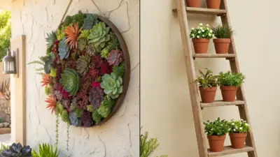 Vertical succulent wall planter and rustic wooden ladder holding terracotta potted plants on a sunlit patio