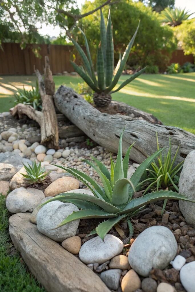 Sunlit xeriscape rock garden with agave and aloe succulents, smooth river stones and weathered driftwood in a backyard landscape.