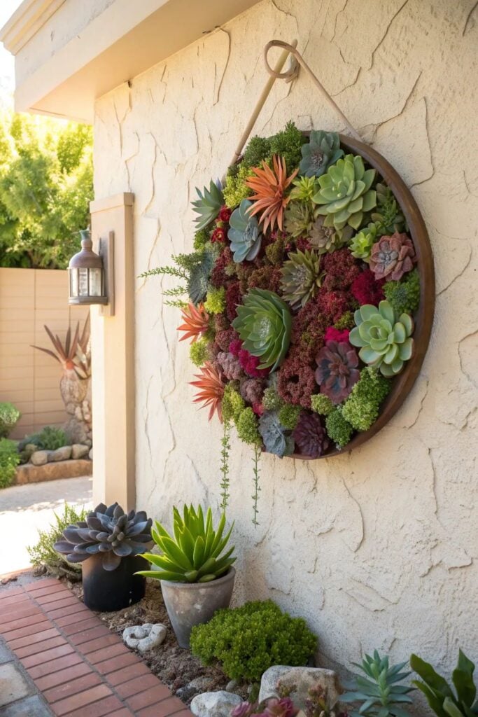 Round hanging succulent wall planter on stucco exterior – colorful mixed succulents and potted succulents below, outdoor vertical garden accent.