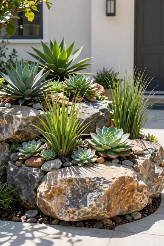 Front yard rock garden with agave and echeveria succulents, ornamental grasses and decorative stones for drought-tolerant landscaping