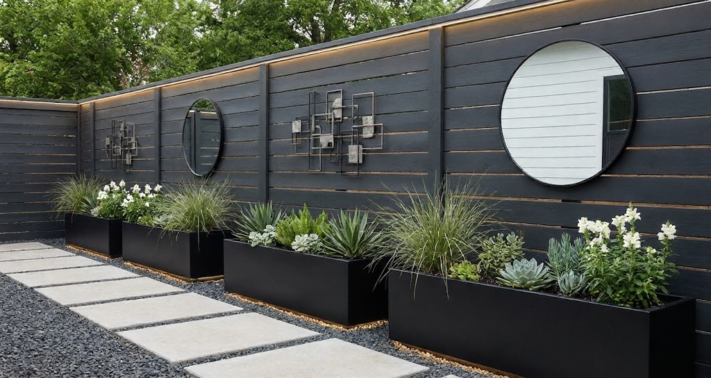 Modern backyard with black rectangular planter boxes of succulents and white flowers, concrete pavers and dark wood fence with round mirrors