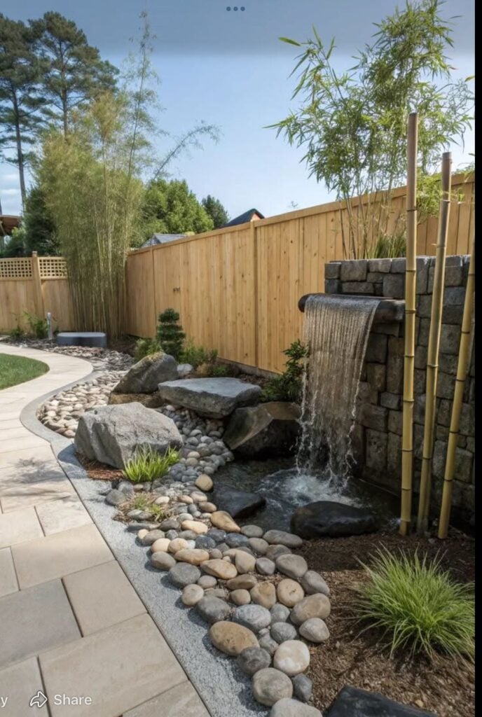 Backyard water feature: stone waterfall, bamboo, river rocks, paved pathway and wooden privacy fence — modern landscape design.