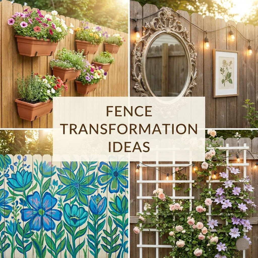 Fence transformation ideas: vertical planter boxes, ornate mirror and string lights, blue floral mural, trellis with climbing roses.