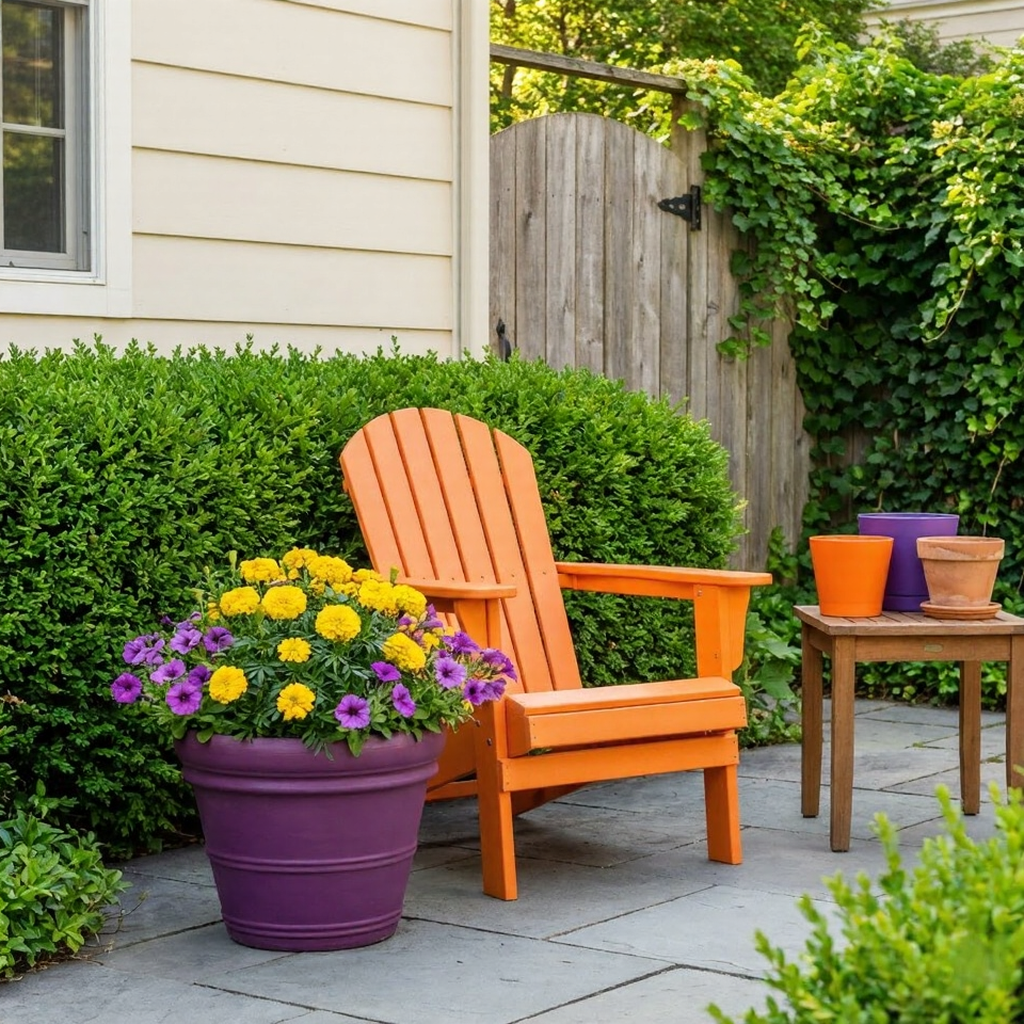Outdoor patio decor: orange Adirondack chair beside purple planter of yellow and purple flowers, wooden side table, lush green hedge and gate.
