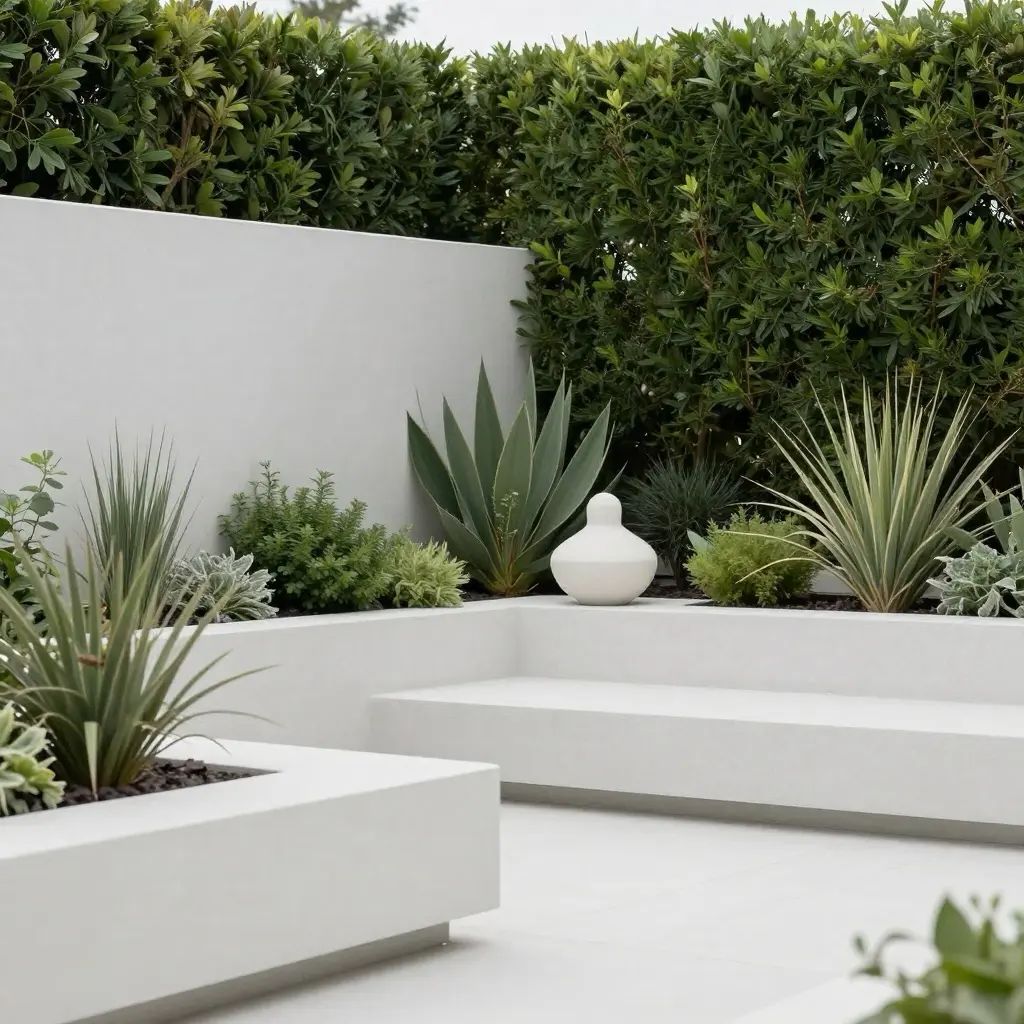 Modern minimalist patio with white concrete planters, drought-tolerant succulents and agave framed by a dense green privacy hedge