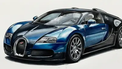 Illustration of blue Bugatti Veyron supercar in front three-quarter view, showcasing sleek aerodynamic body, headlights and alloy wheels