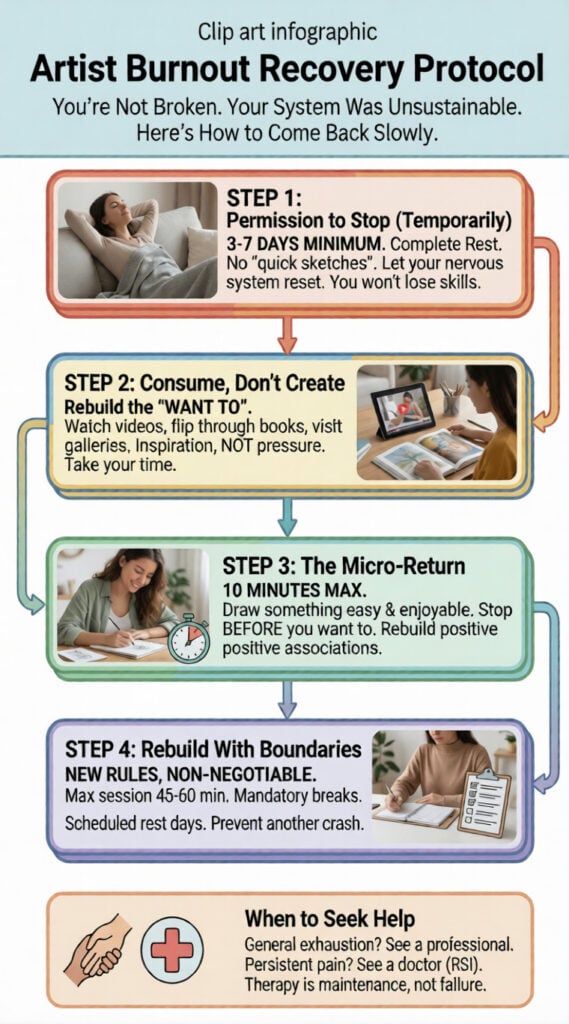 Artist burnout recovery infographic: 4 steps — permission to rest, consume don’t create, 10‑min micro‑return, rebuild boundaries.