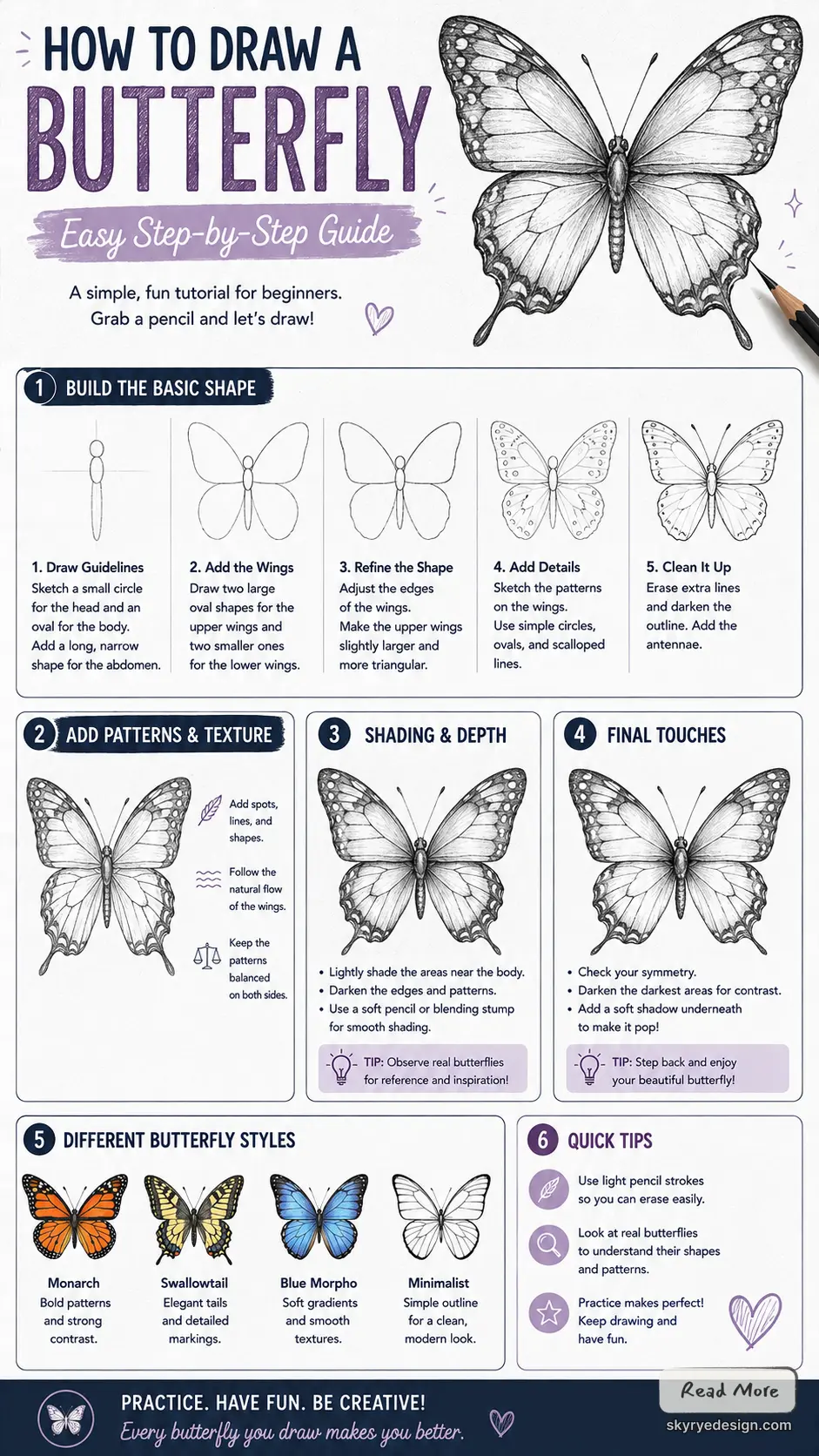 How to draw a butterfly - step-by-step pencil sketch infographic showing basic shapes, patterns, shading, and styles