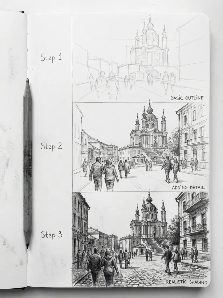 c0910301ab174be6bfeb3c1258b644d2 Sketch showing three steps of drawing a cityscape: basic outline, adding detail, and realistic shading. Pencil visible beside the sketches. | Sky Rye Design Sketch showing three steps of drawing a cityscape: basic outline, adding detail, and realistic shading. Pencil visible beside the sketches.